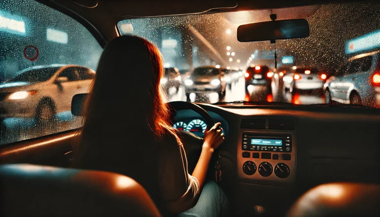 A girl sitting in a car at night with her hands on the steering wheel, looking towards the traffic. It is raining, and raindrops are visible on the car